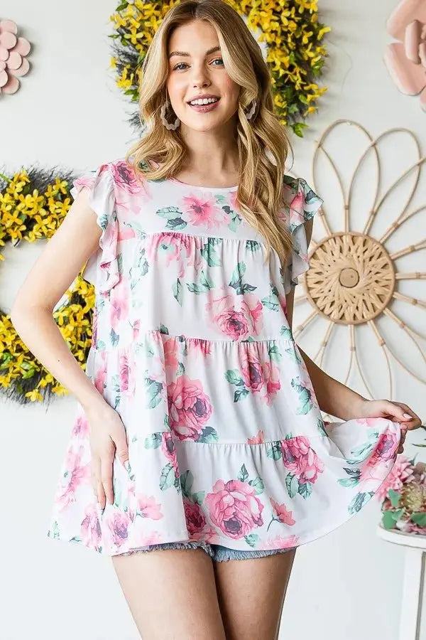 Trendsi Floral Butterfly Top Women's Plus Size Casual Tee Short Sleeve Soft