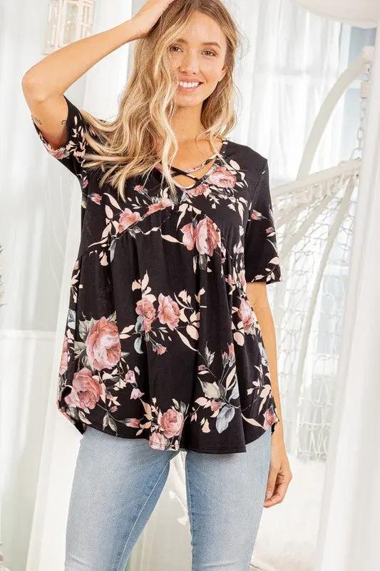 Trendsi Floral Crisscross Top Women's Plus Size Babydoll Shirt Cute & Comfy