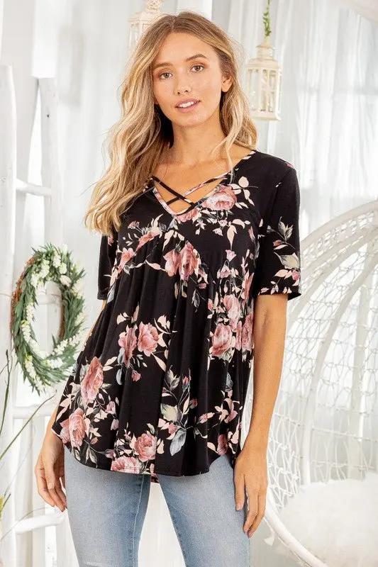 Trendsi Floral Crisscross Top Women's Plus Size Babydoll Shirt Cute & Comfy