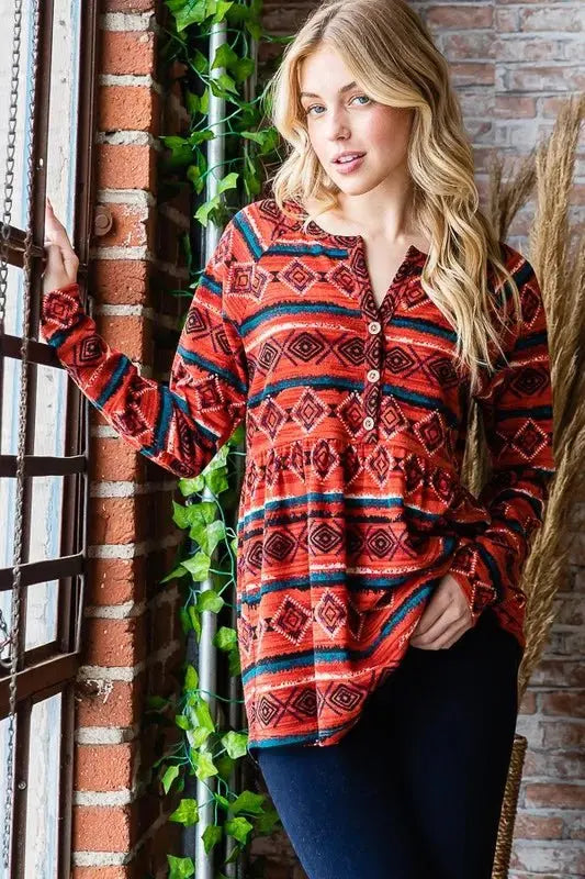 Trendsi Heimish Geometric Button Top Women's Casual Long Sleeve Tee - Soft & Stylish