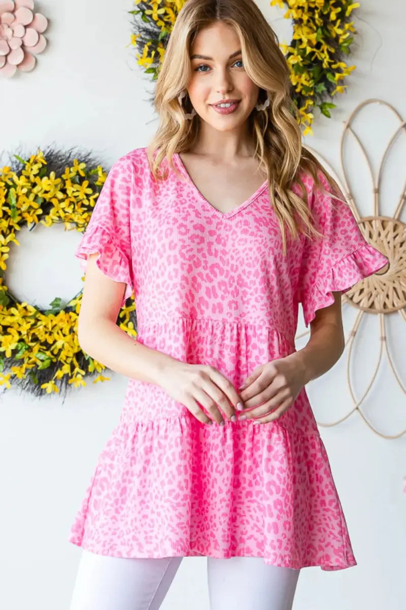 Trendsi Leopard Ruffle Top Women's Fashion Short Sleeve Blouse - Cute & Trendy