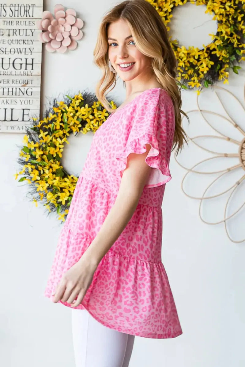 Trendsi Leopard Ruffle Top Women's Fashion Short Sleeve Blouse - Cute & Trendy
