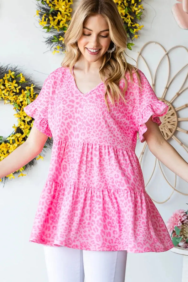 Trendsi Leopard Ruffle Top Women's Fashion Short Sleeve Blouse - Cute & Trendy