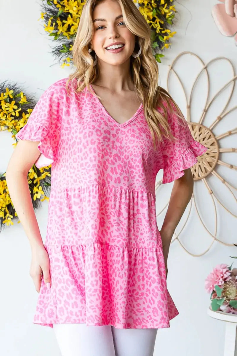 Trendsi Leopard Ruffle Top Women's Fashion Short Sleeve Blouse - Cute & Trendy
