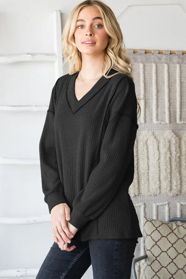 V-Neck Top - Ribbed Exposed Seam - Everyday Fashion Tee