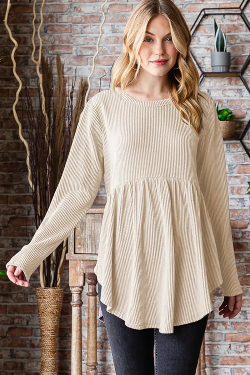 Trendsi Ribbed Babydoll Top Women's Casual Long Sleeve Shirt - Soft & Flattering