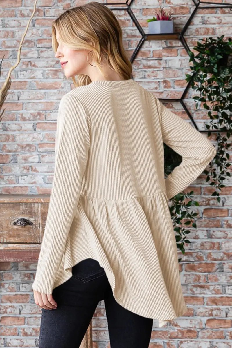 Trendsi Ribbed Babydoll Top Women's Casual Long Sleeve Shirt - Soft & Flattering