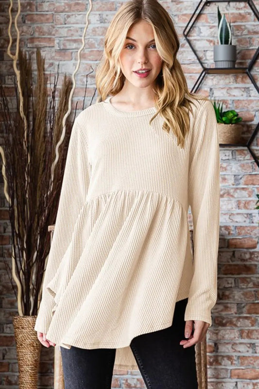 Trendsi Ribbed Babydoll Top Women's Casual Long Sleeve Shirt - Soft & Flattering