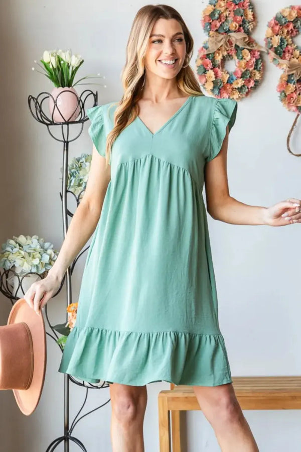 Trendsi Heimish V-Neck Dress Women's Casual Ruffle Hem Mini Dress - Short Sleeve, Summer