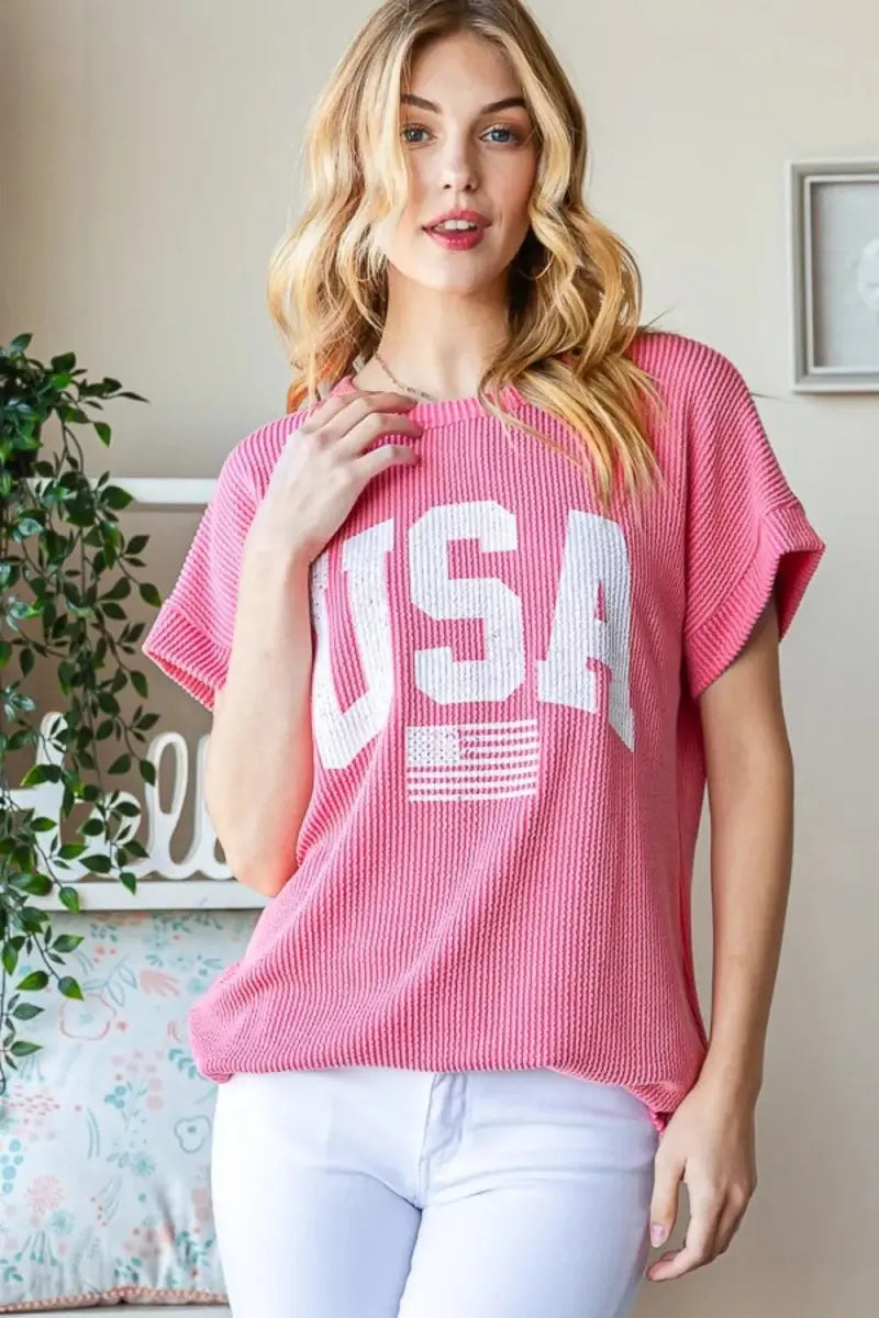 Trendsi Graphic Ribbed Top Women's USA Casual T-Shirt Soft & Comfy