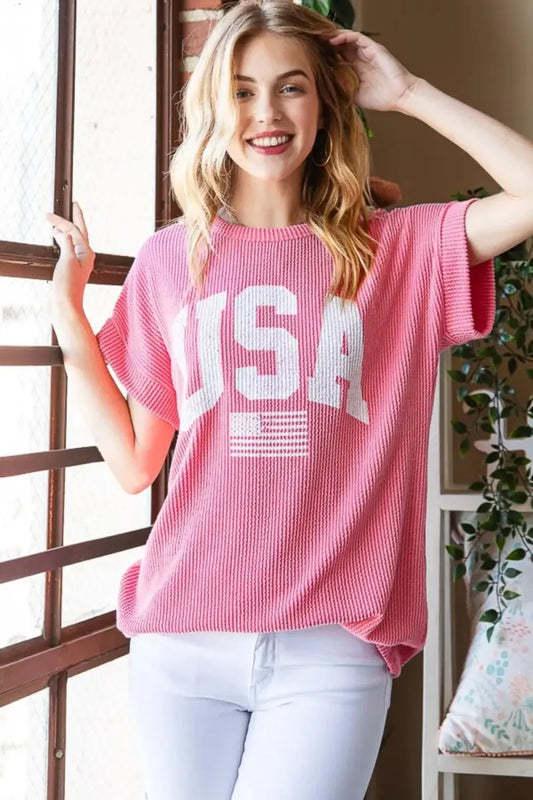 Trendsi Graphic Ribbed Top Women's USA Casual T-Shirt Soft & Comfy