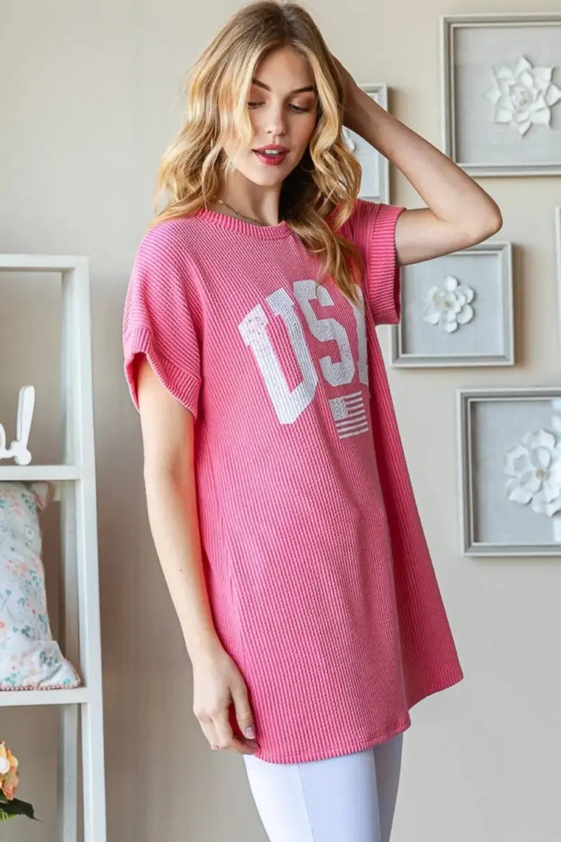 Trendsi Graphic Ribbed Top Women's USA Casual T-Shirt Soft & Comfy