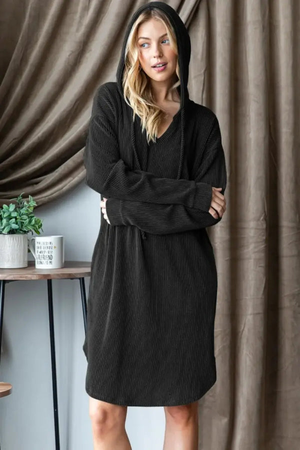 Trendsi Heimish Ribbed Dress Women's Casual Long Sleeve Hooded Mini Dress - Soft & Comfy