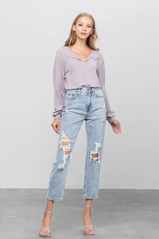 Denim Lab USA High Rise Ripped Girlfriend Jeans - Premium Quality Product | Fast Shipping & Returns