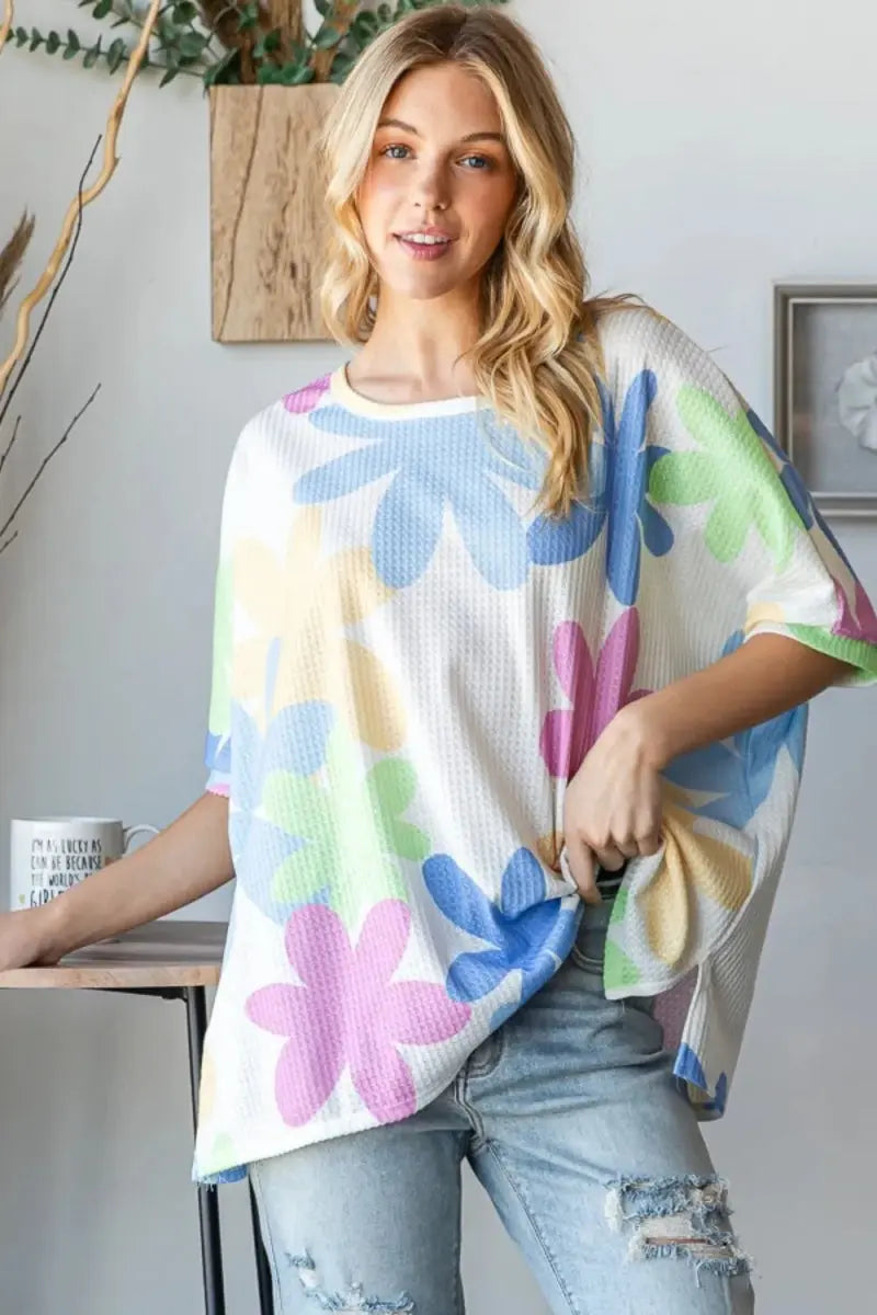 Trendsi Floral Waffle Tee Women's Casual Everyday T-Shirt Soft & Breathable