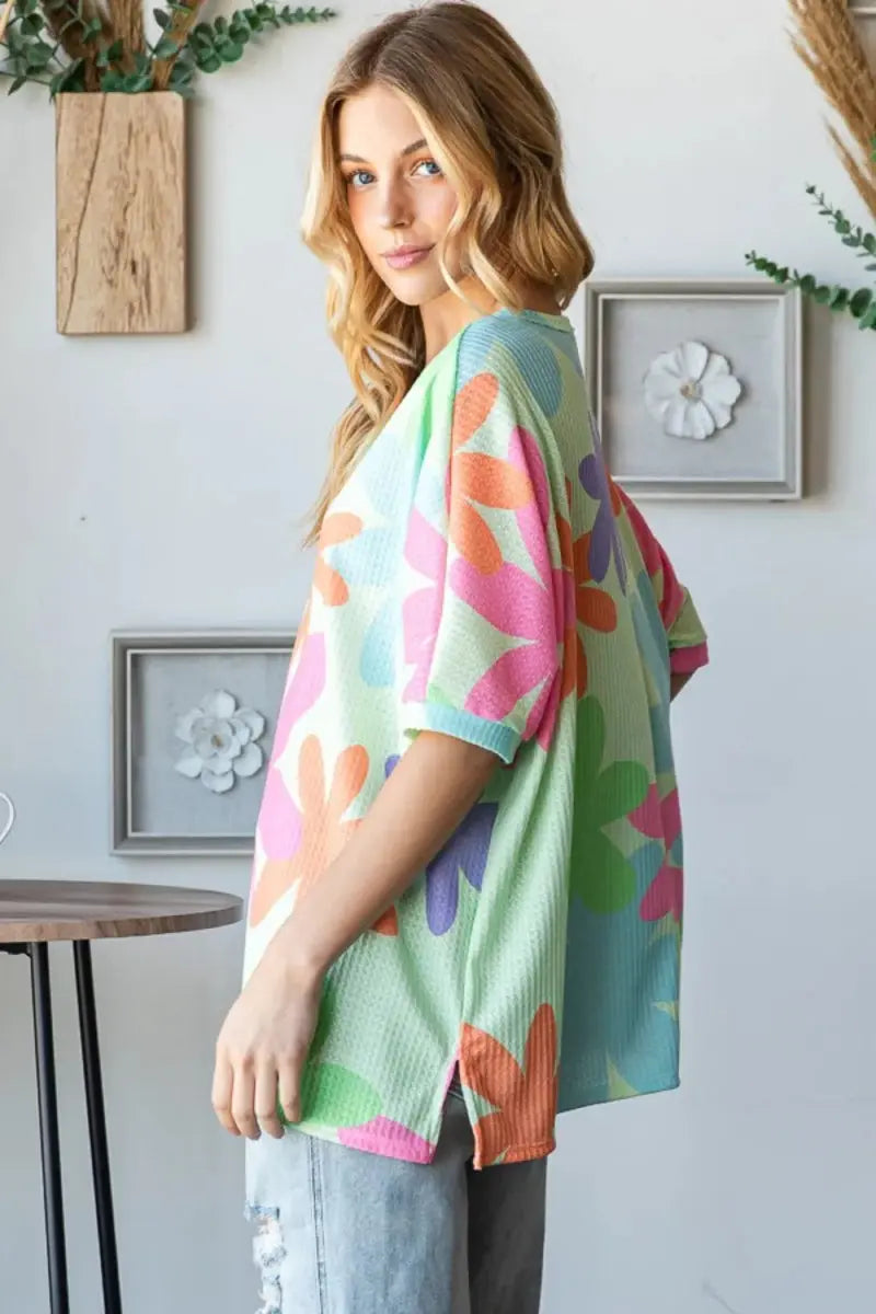 Trendsi Floral Waffle Tee Women's Casual Everyday T-Shirt Soft & Breathable