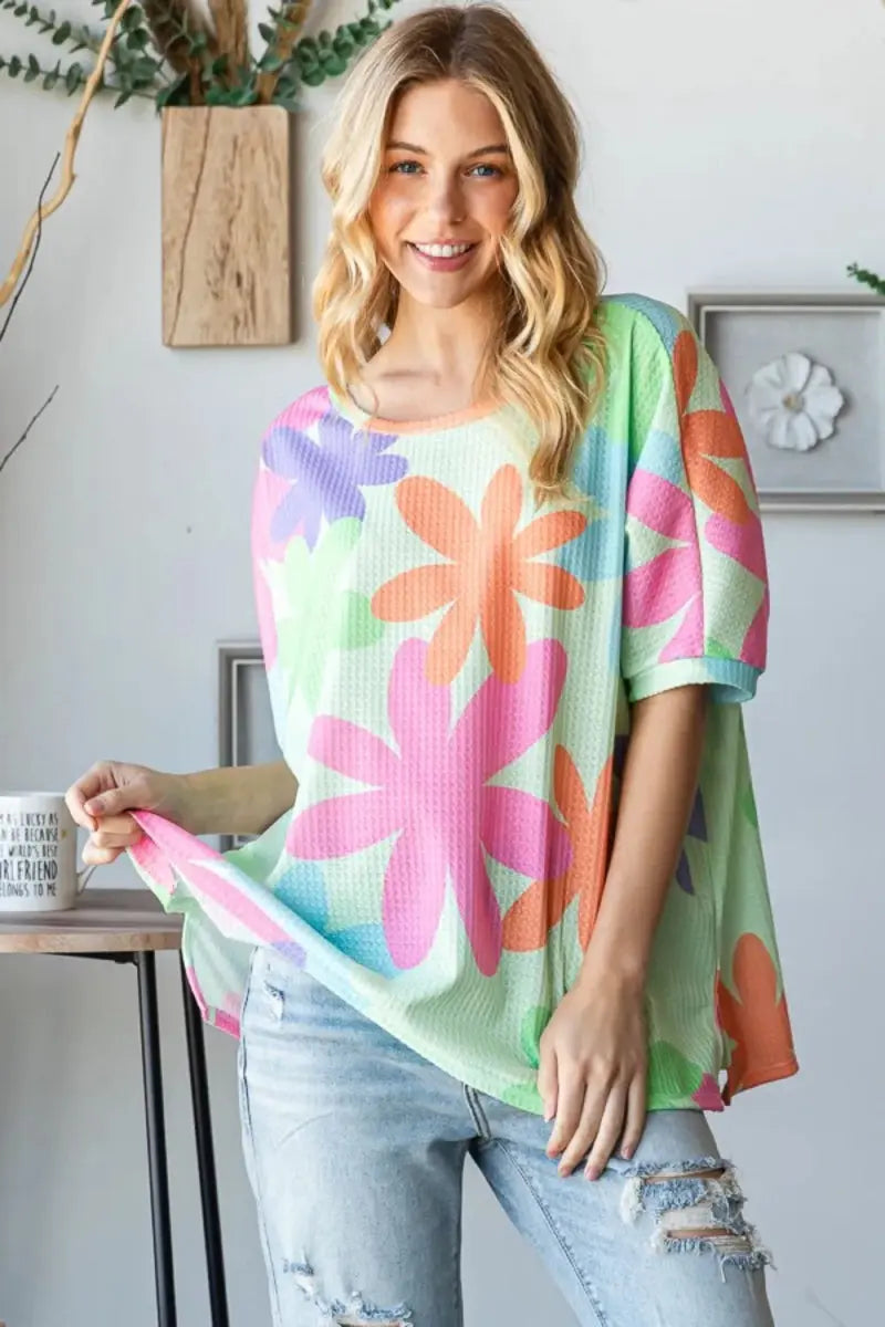 Trendsi Floral Waffle Tee Women's Casual Everyday T-Shirt Soft & Breathable