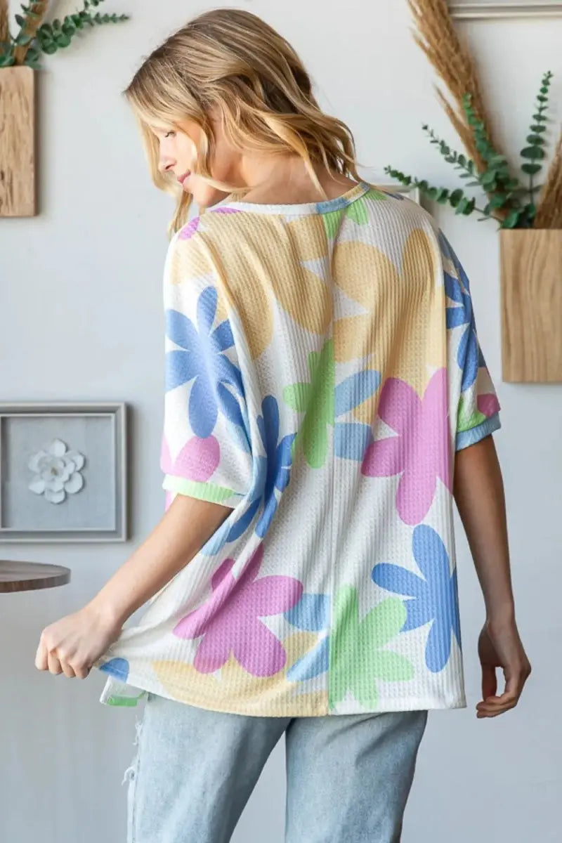 Trendsi Floral Waffle Tee Women's Casual Round Neck T-Shirt Soft & Comfy