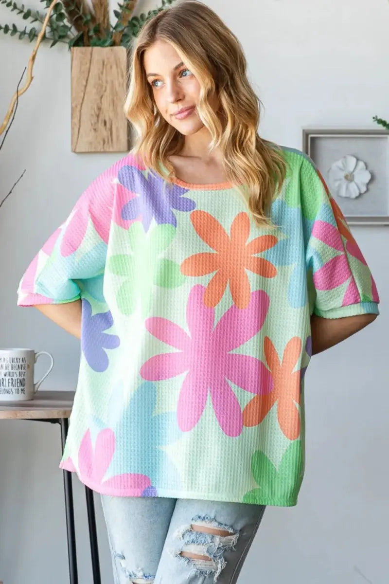 Trendsi Floral Waffle Tee Women's Casual Everyday T-Shirt Soft & Breathable