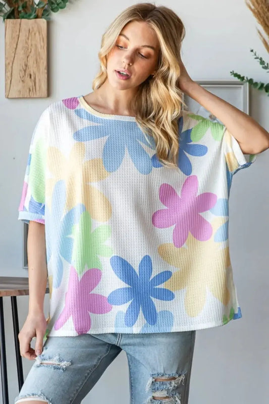 Trendsi Floral Waffle Tee Women's Casual Round Neck T-Shirt Soft & Comfy