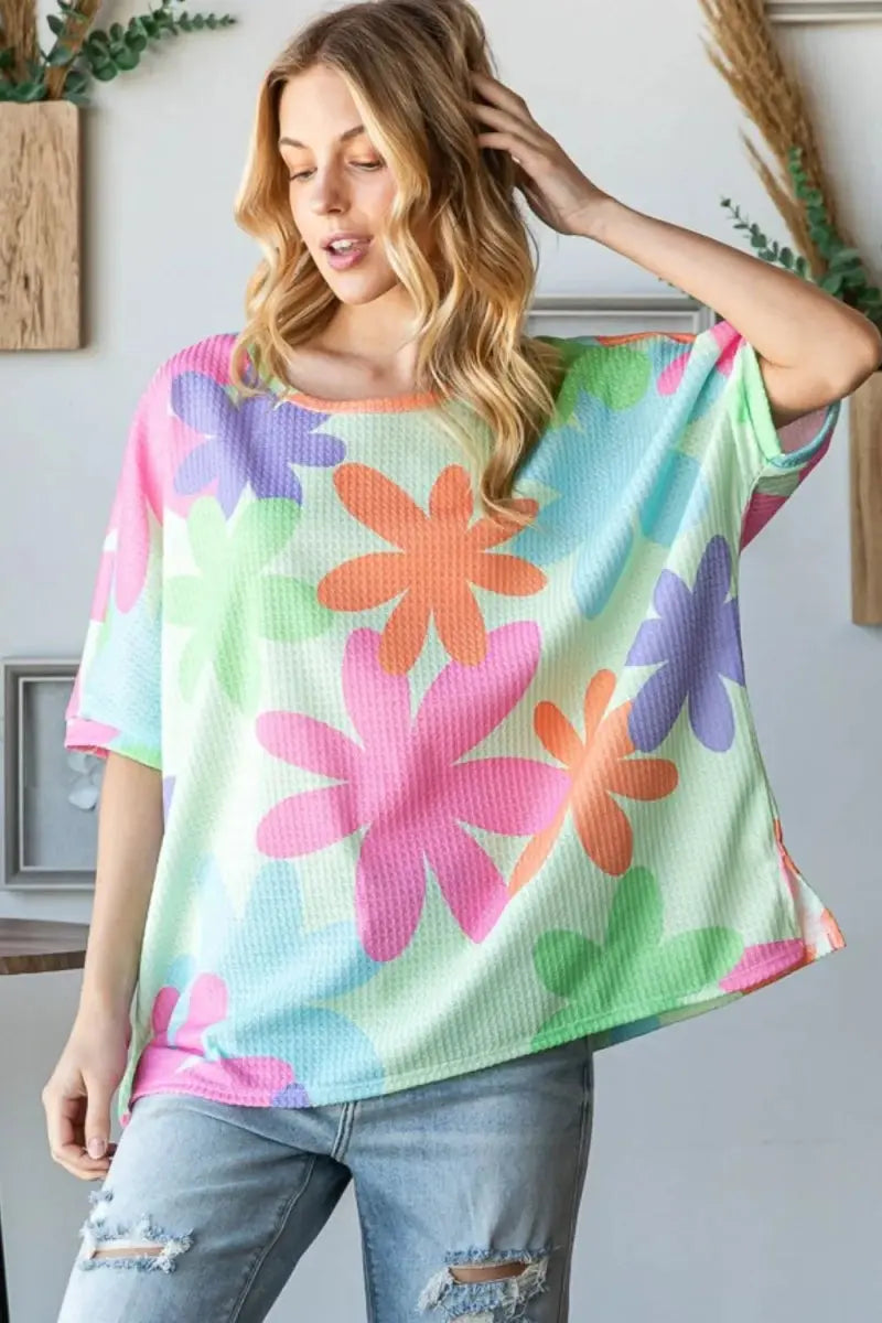 Trendsi Floral Waffle Tee Women's Casual Everyday T-Shirt Soft & Breathable