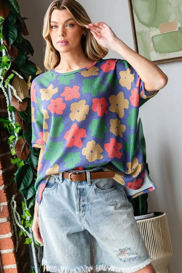 Trendsi Floral Round Neck Women's Tee: Casual Everyday Side Slit T-Shirt