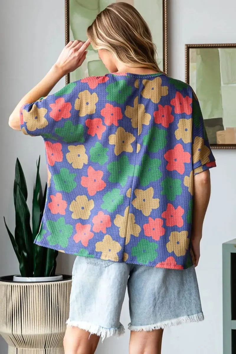 Trendsi Floral Round Neck Women's Tee: Casual Everyday Side Slit T-Shirt