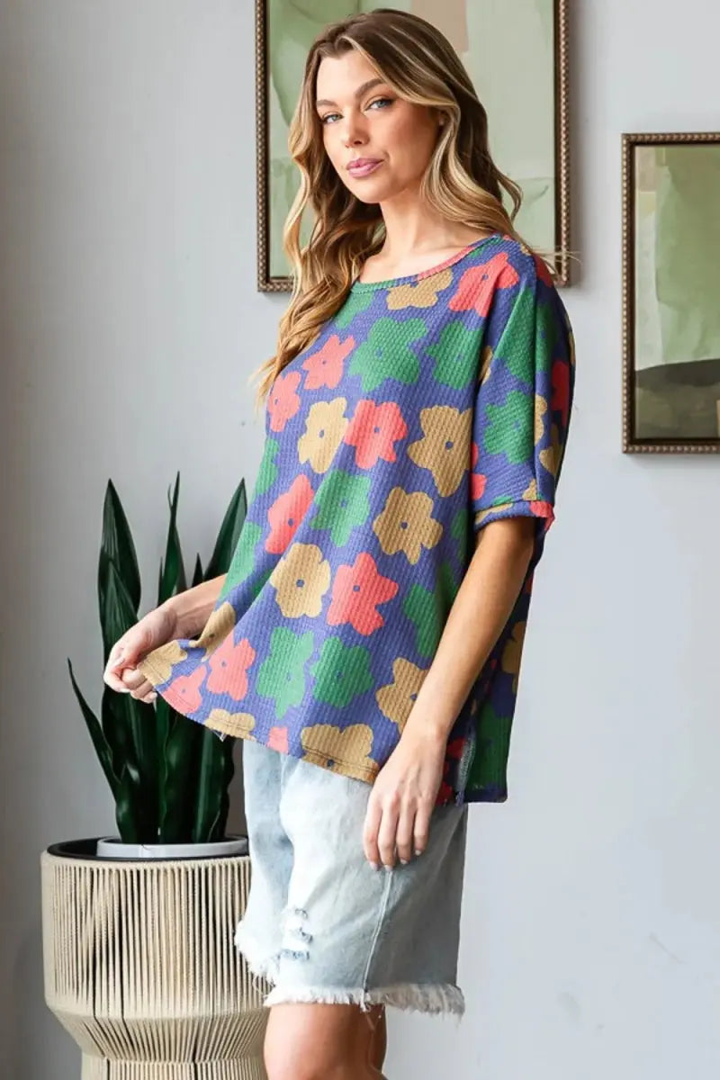 Trendsi Floral Round Neck Women's Tee: Casual Everyday Side Slit T-Shirt