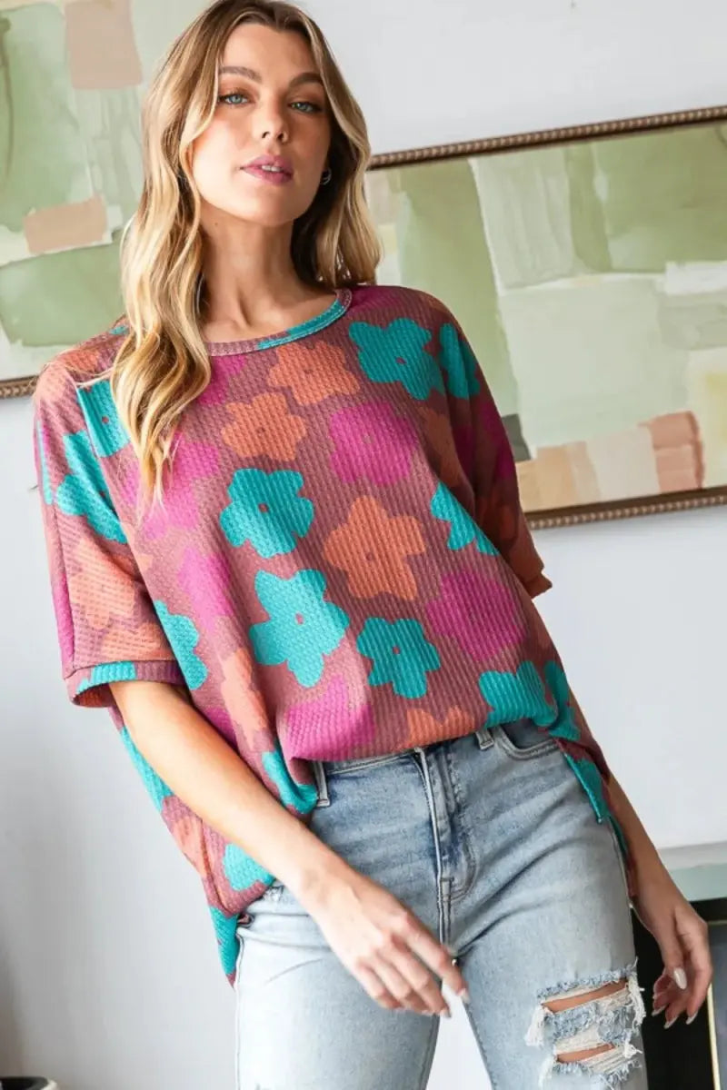 Trendsi Floral Round Neck Tee Women's Casual Top - Side Slit, USA Ship