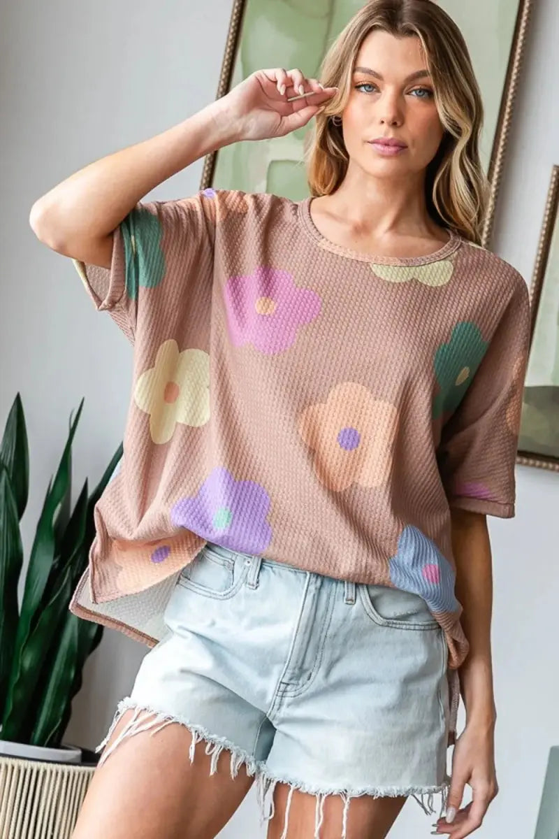 Trendsi Floral Waffle Tee Women's Casual Top Comfy Side Slit T-Shirt