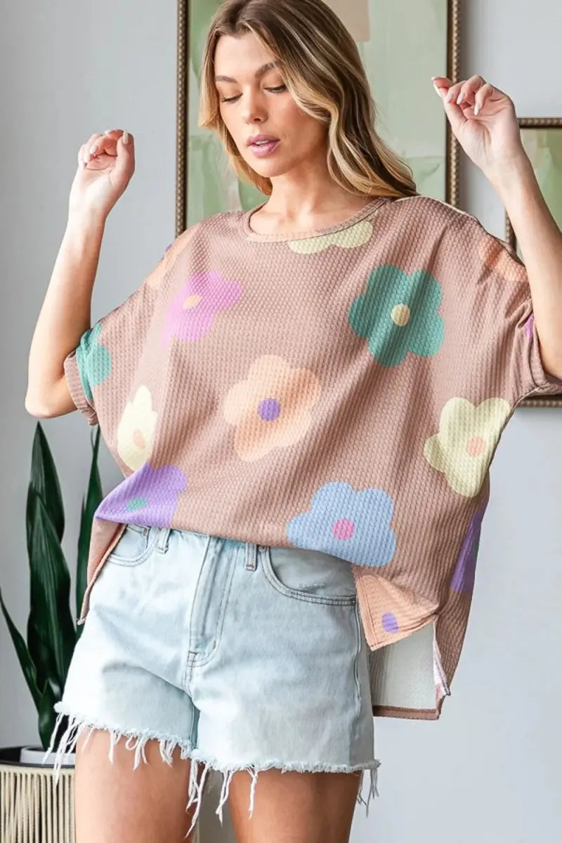 Trendsi Floral Waffle Tee Women's Casual Top Comfy Side Slit T-Shirt