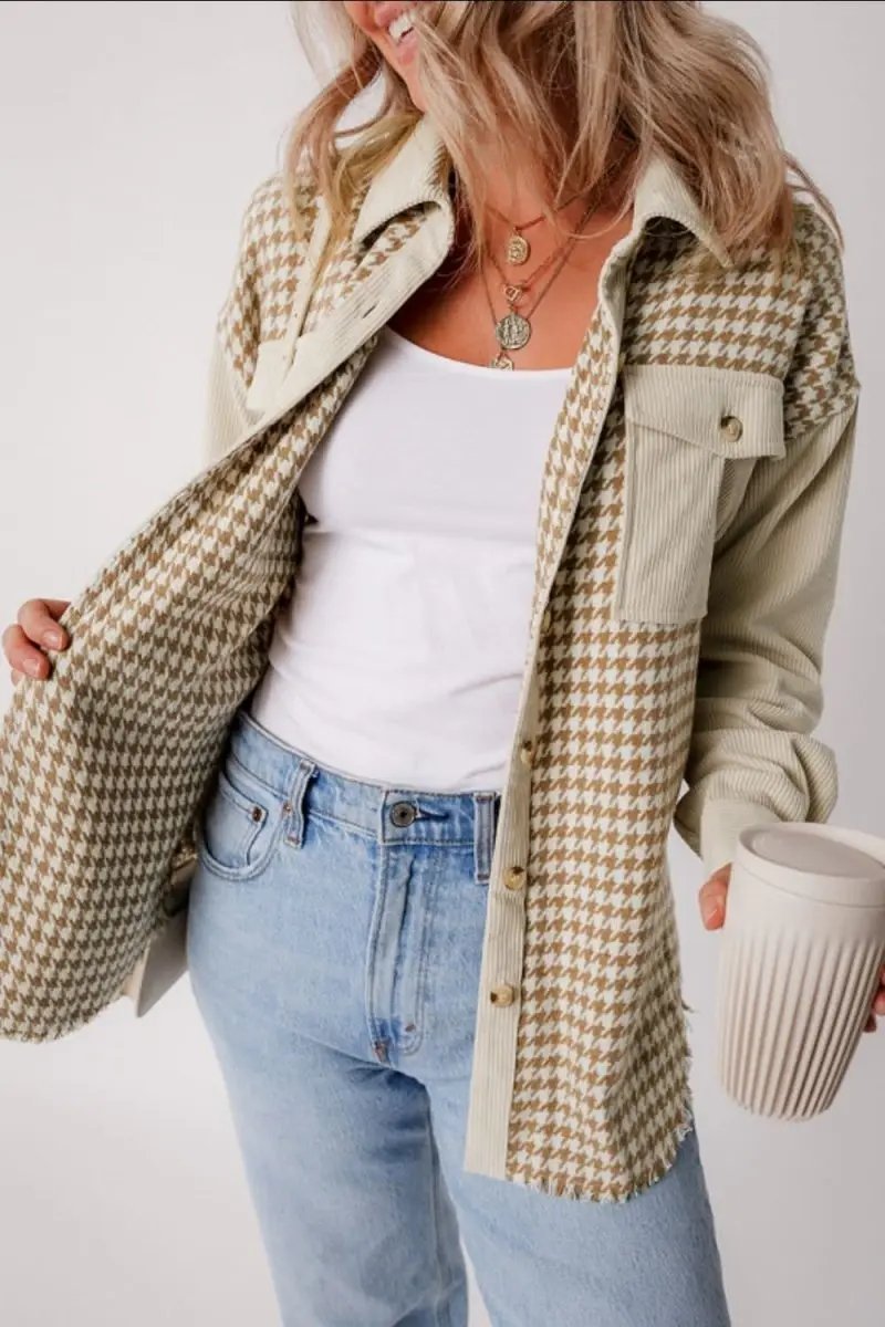 Trendsi Houndstooth Jacket Women's Fashion Layering Long Sleeve Button Up Stylish Outerwear