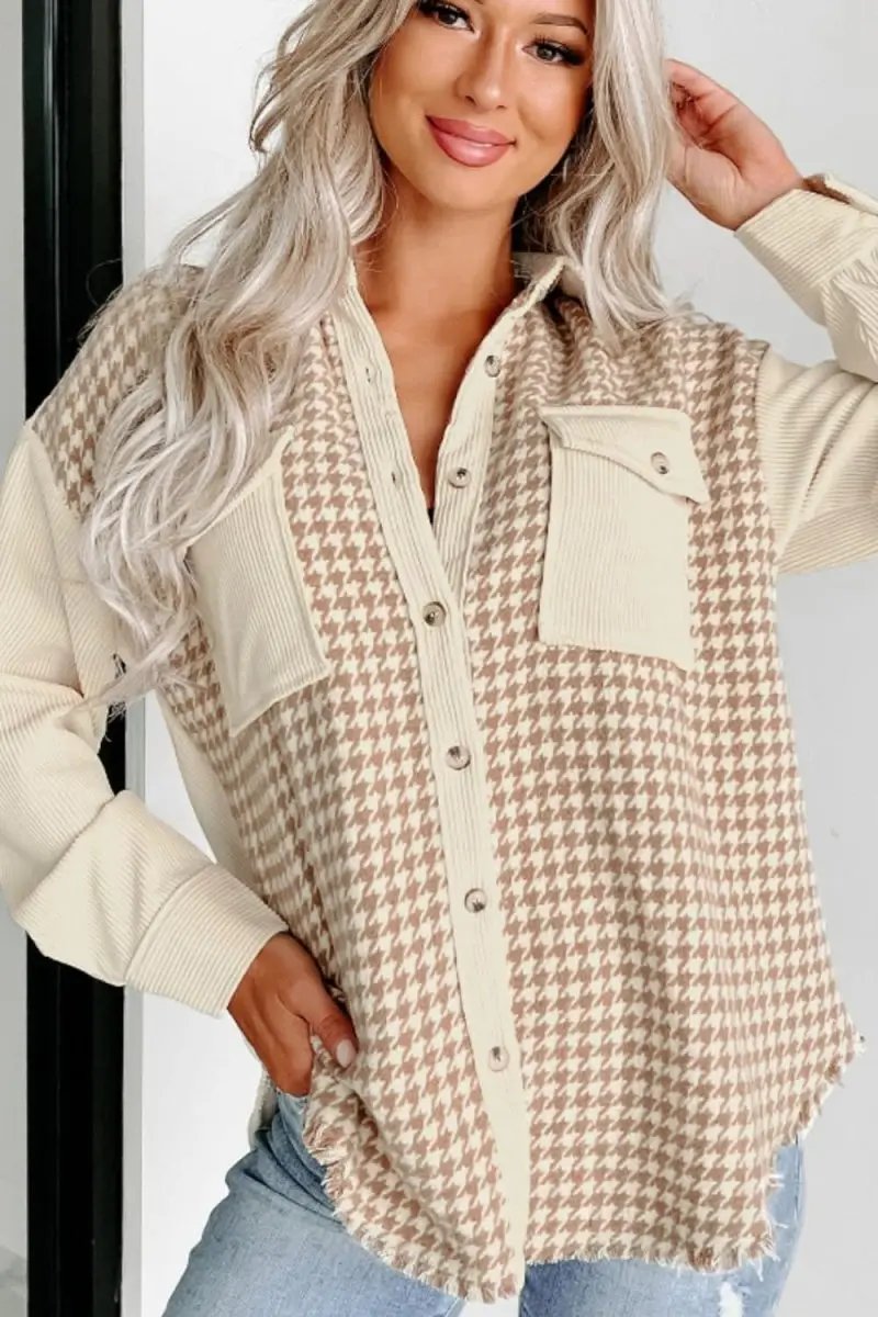 Trendsi Houndstooth Jacket Women's Fashion Layering Long Sleeve Button Up Stylish Outerwear