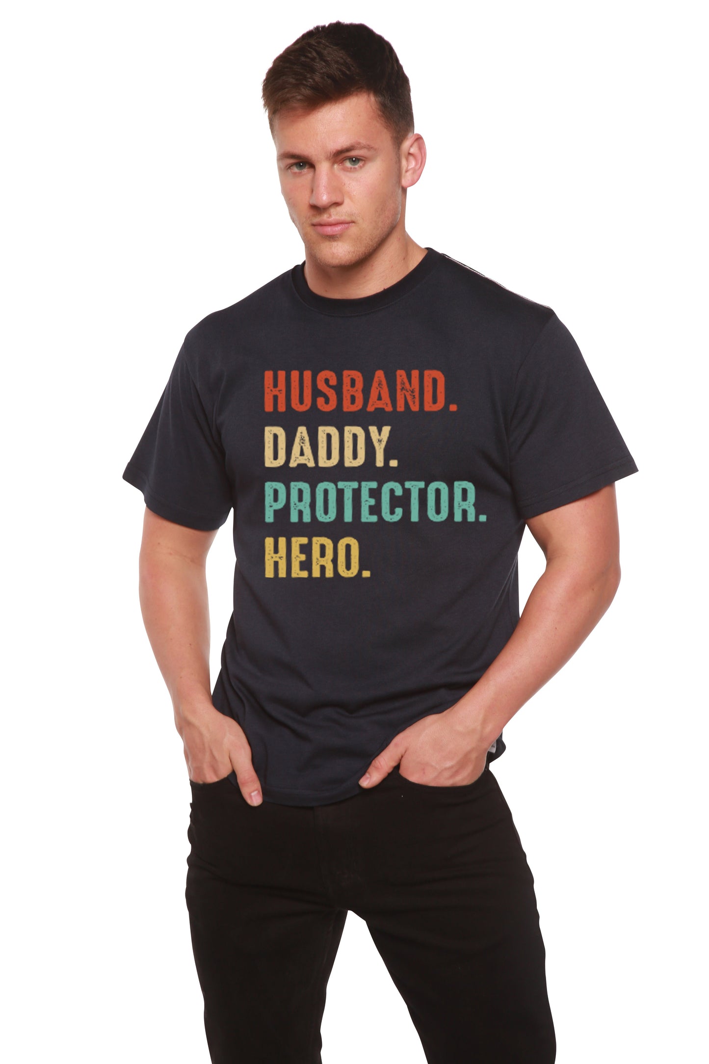 Husband, Daddy, Protector, Hero Men's Bamboo Viscose/Organic Cotton Short Sleeve Graphic T-Shirt
