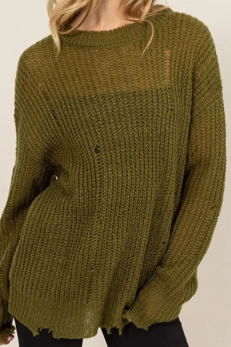 Trendsi Distressed Knit Top Women's Casual Long Sleeve Top - Soft, USA Ship