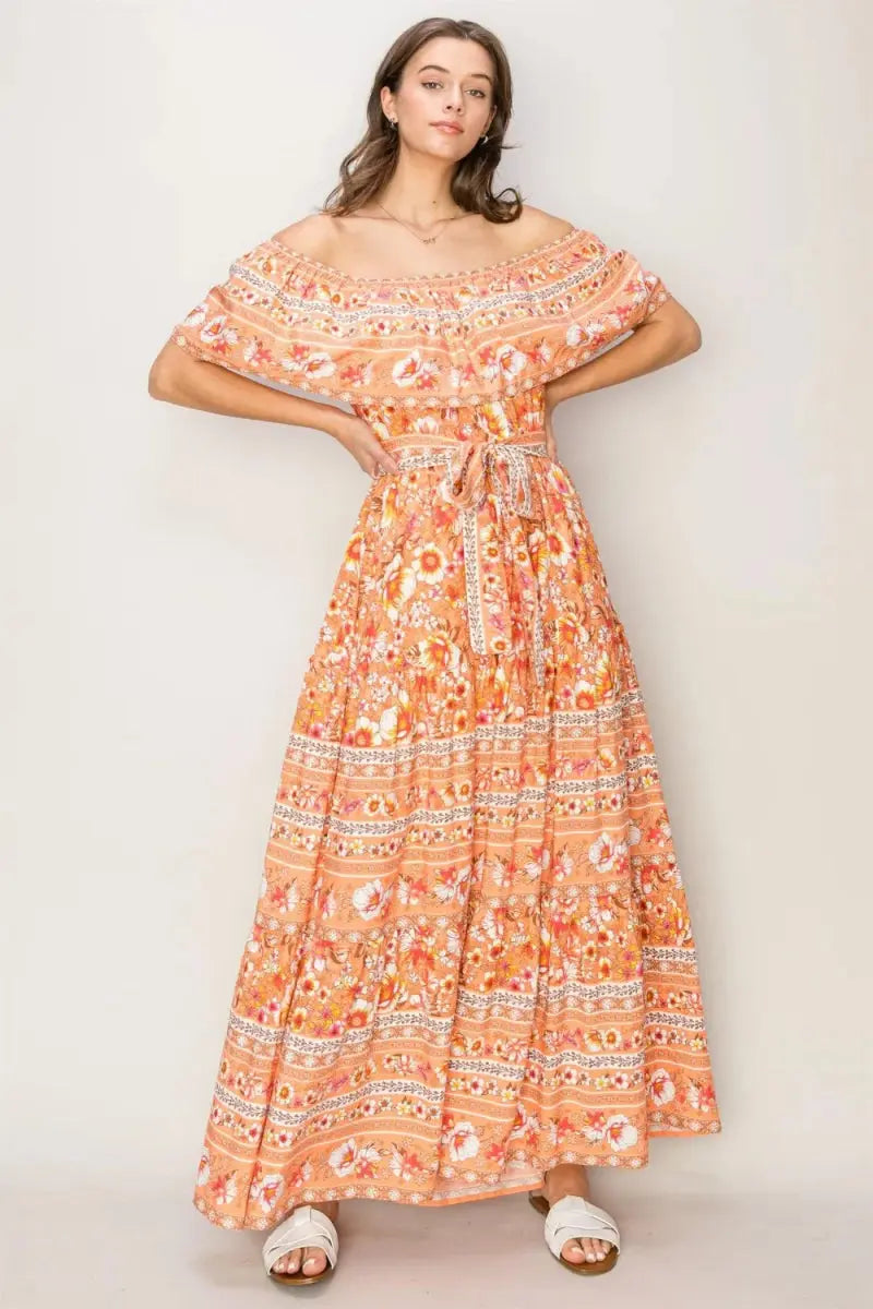 Trendsi Floral Maxi Dress Women's Off-Shoulder Tie Front Summer Dress - Flowy & Chic
