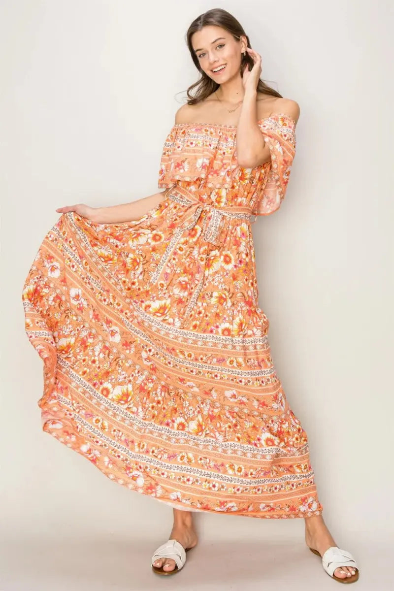 Trendsi Floral Maxi Dress Women's Off-Shoulder Tie Front Summer Dress - Flowy & Chic
