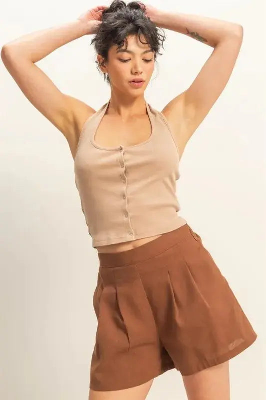 Trendsi Halter Top Women's Casual Washed Buttoned Tank Top - Cute & Comfy