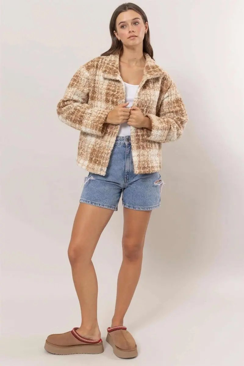 Trendsi Plaid Boucle Jacket Women's Fall Outerwear Cozy & Stylish with Pockets