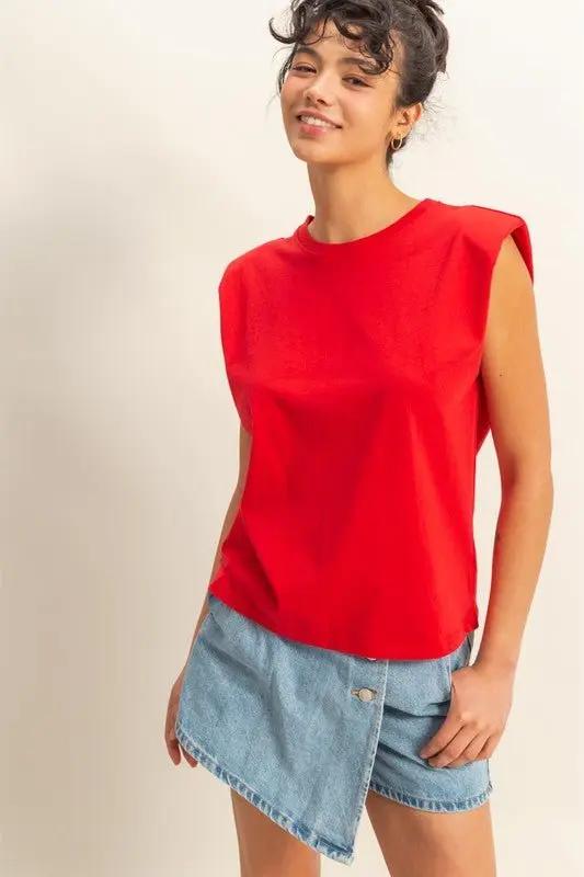 Trendsi Round Neck Top Women's Casual Sleeveless Shoulder Pad Tank Top