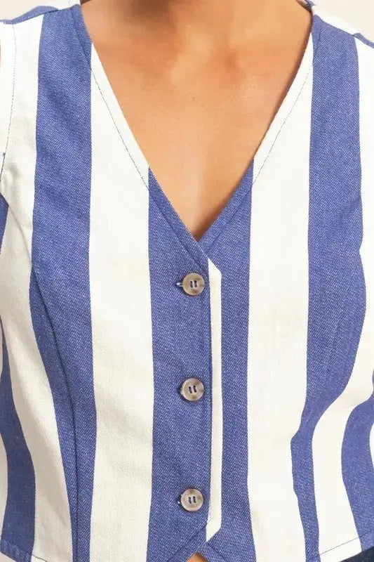 Trendsi Woven Striped Vest Women's V-Neck Button Down Top - USA Shipped!