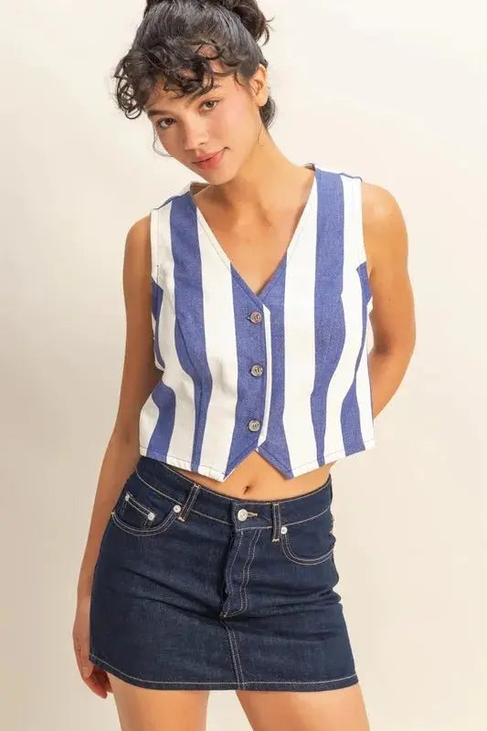 Trendsi Woven Striped Vest Women's V-Neck Button Down Top - USA Shipped!