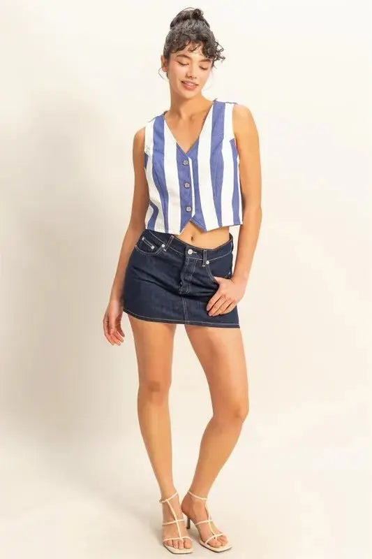 Trendsi Woven Striped Vest Women's V-Neck Button Down Top - USA Shipped!