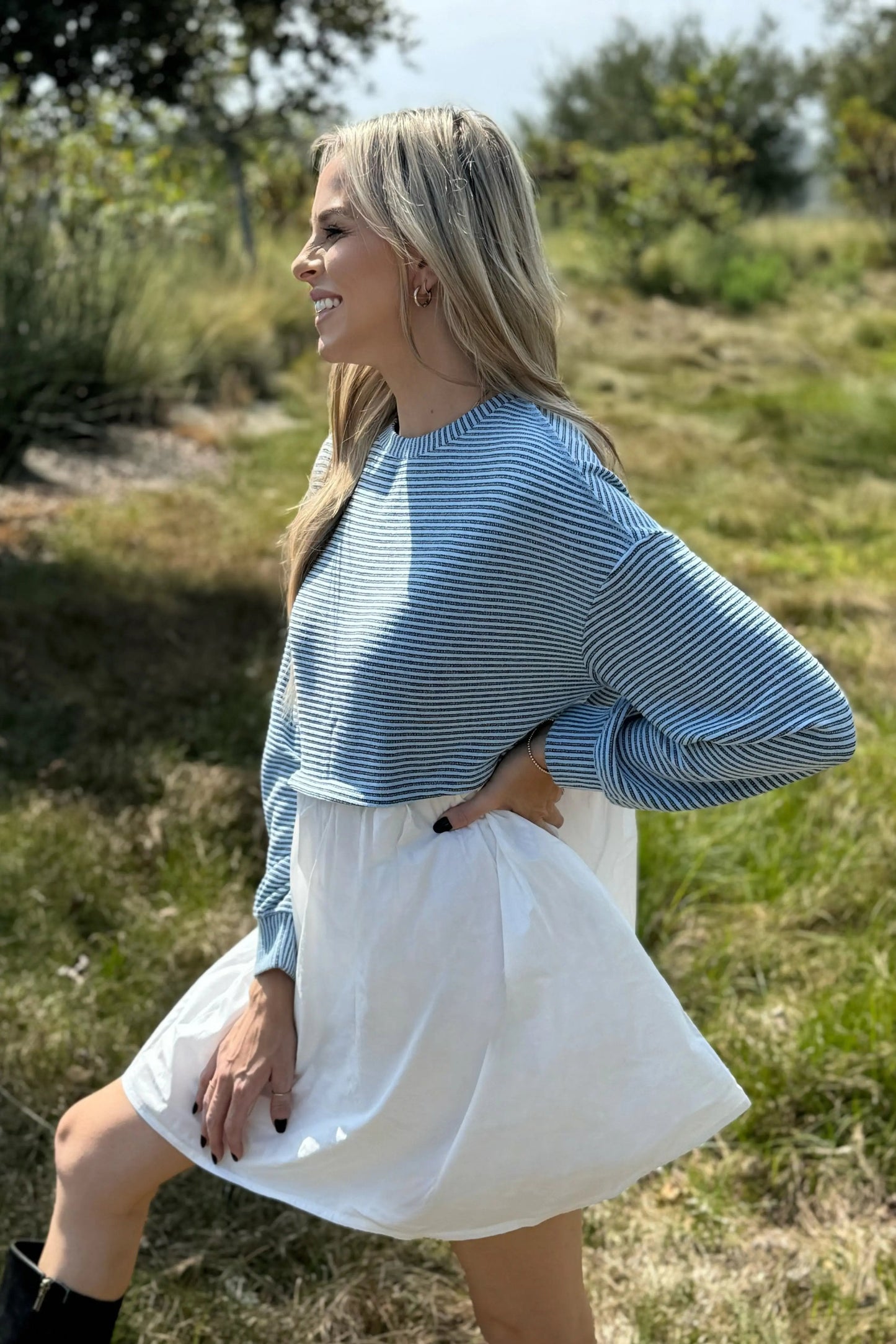 Dress - Blue Stripe Pleated High Waist - Daily Casual