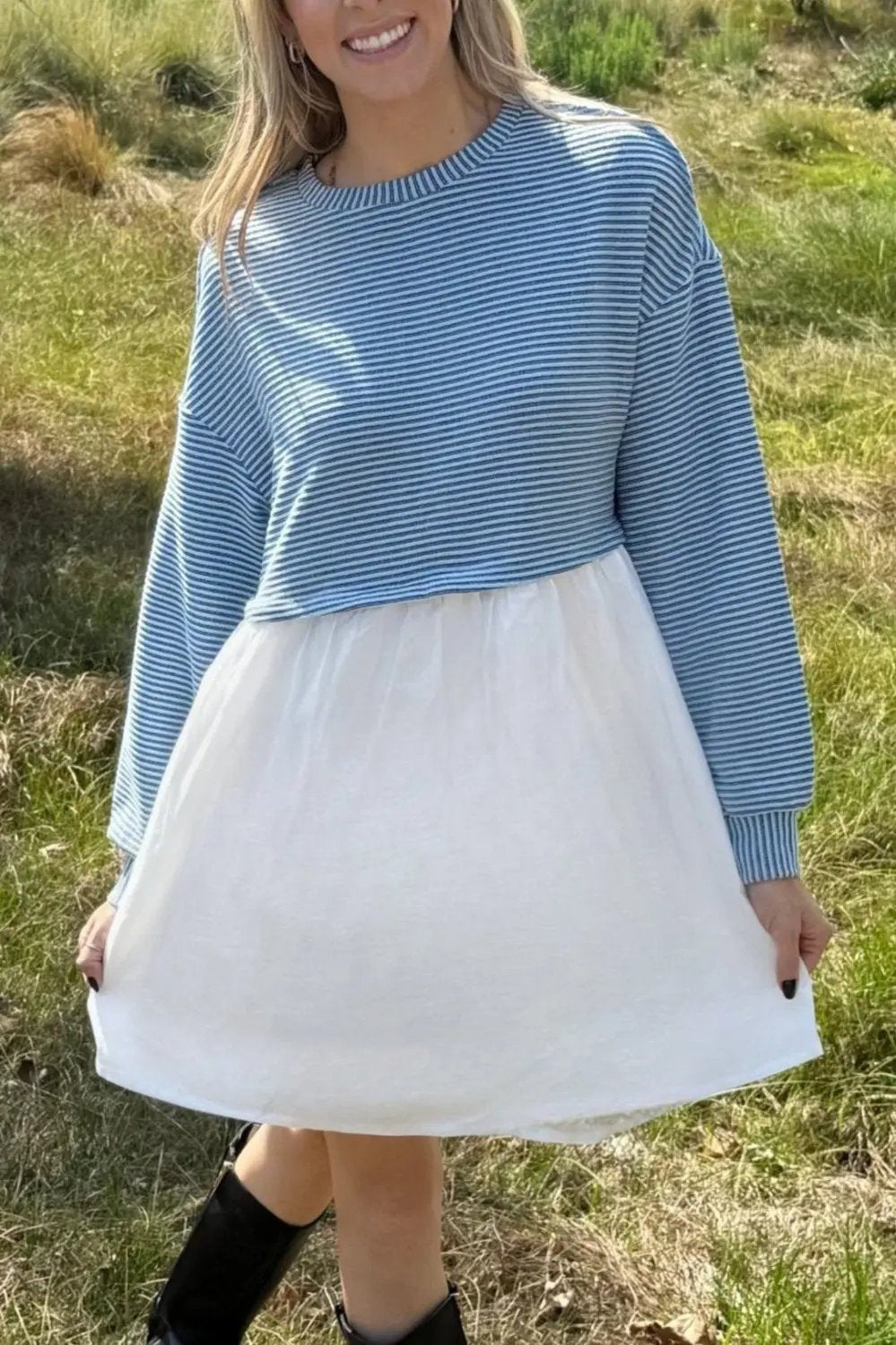 Dress - Blue Stripe Pleated High Waist - Daily Casual
