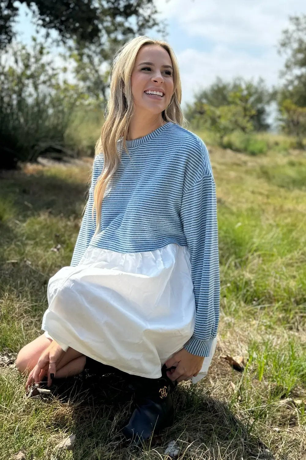 Dress - Blue Stripe Pleated High Waist - Daily Casual