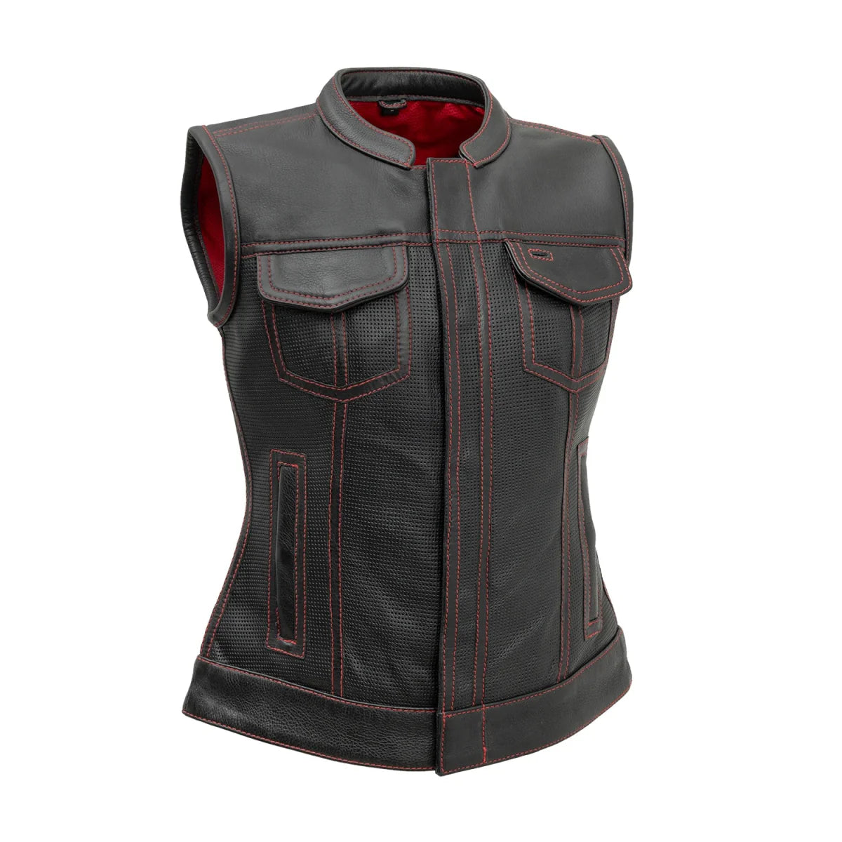 Jessica Perforated Women's Motorcycle Leather Vest Red and Grey