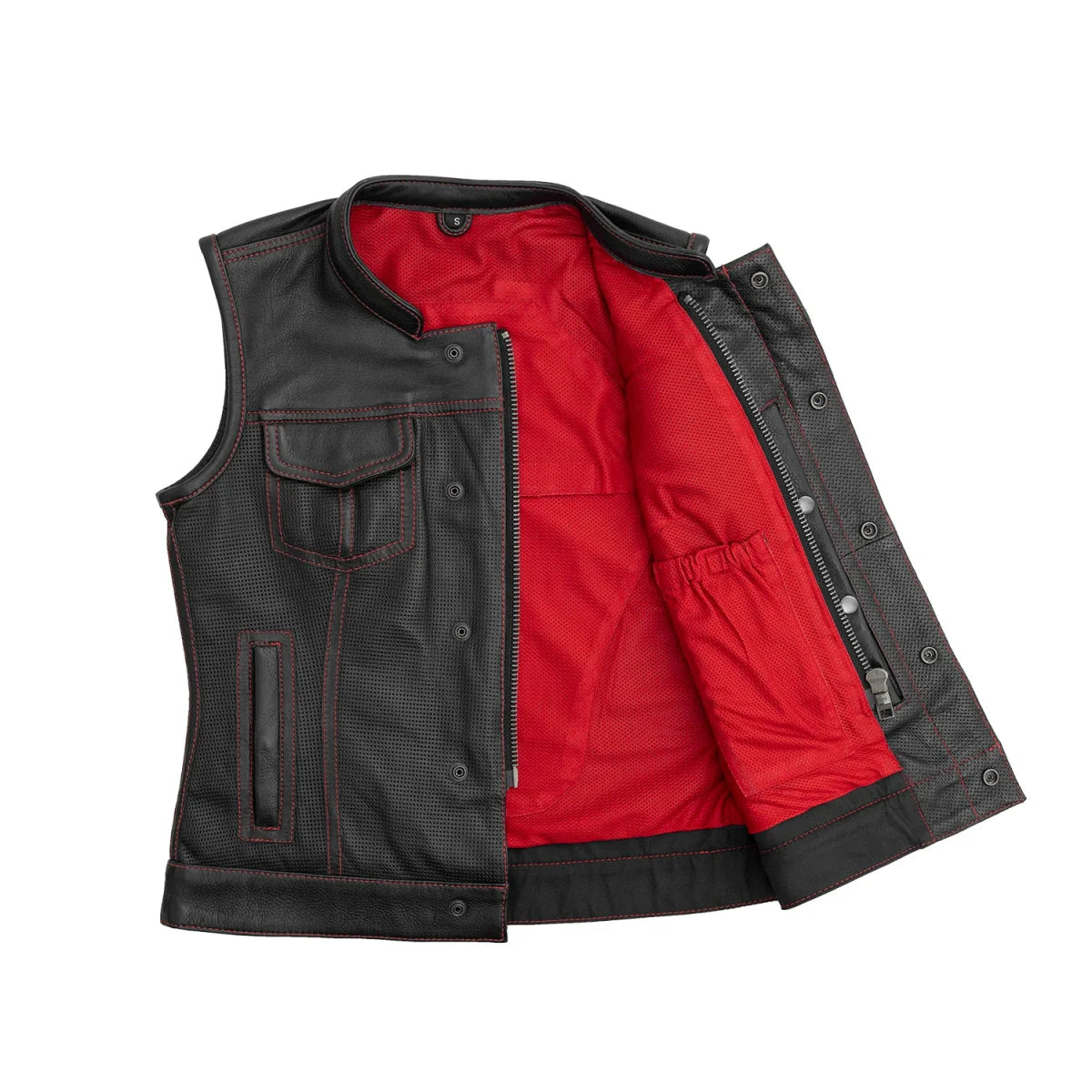 Jessica Perforated Women's Motorcycle Leather Vest Red and Grey