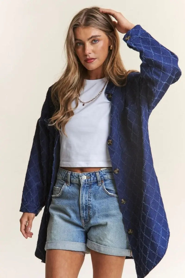 Denim Shacket - Rhombus Stitched - Casual Button Up Outerwear