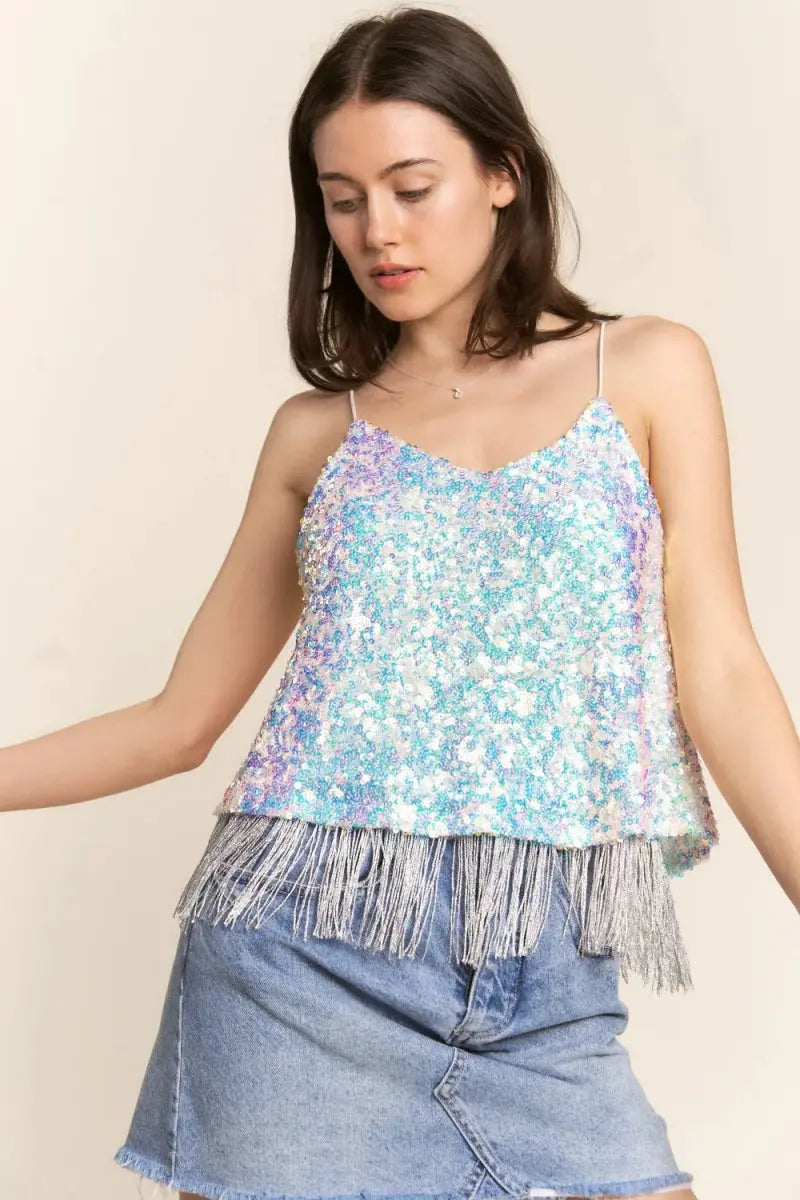 Sequin Cami Top - Tassel Hem - Party Club Glam Flowy